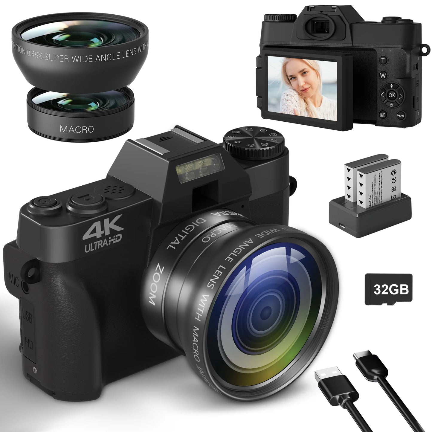 Compact Digital Photography Camera 4K WIFI Webcam Retro Vlog Recorder YouTube 64MP Camcorder 3 Inch Flip Screen Wide Angle Lens