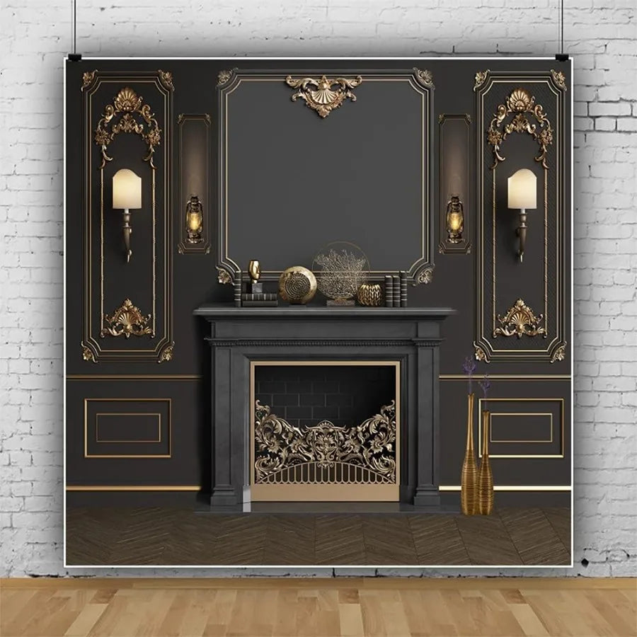 Yeele Vintage Wall Backdrop 10x10ft Black and Gold Empty Room Interior Elegant Wall Photography Background Luxury Fireplace Hom